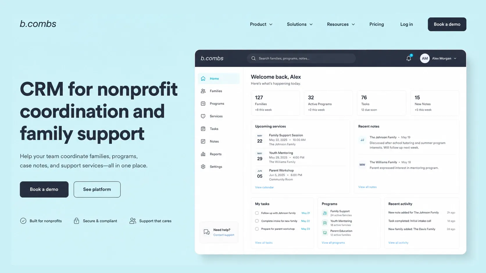 b.combs CRM preview showing nonprofit workflow screens
